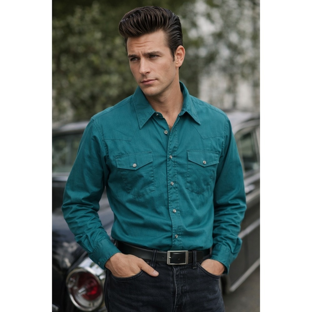 Vintage Malco Modes Western Pearl Snap Shirt Green USA Mens 16.5 33 Large